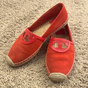 Tory Burch Women Red Canyon Suede Calf Leather Logo Espadrille Flats Size 7.5